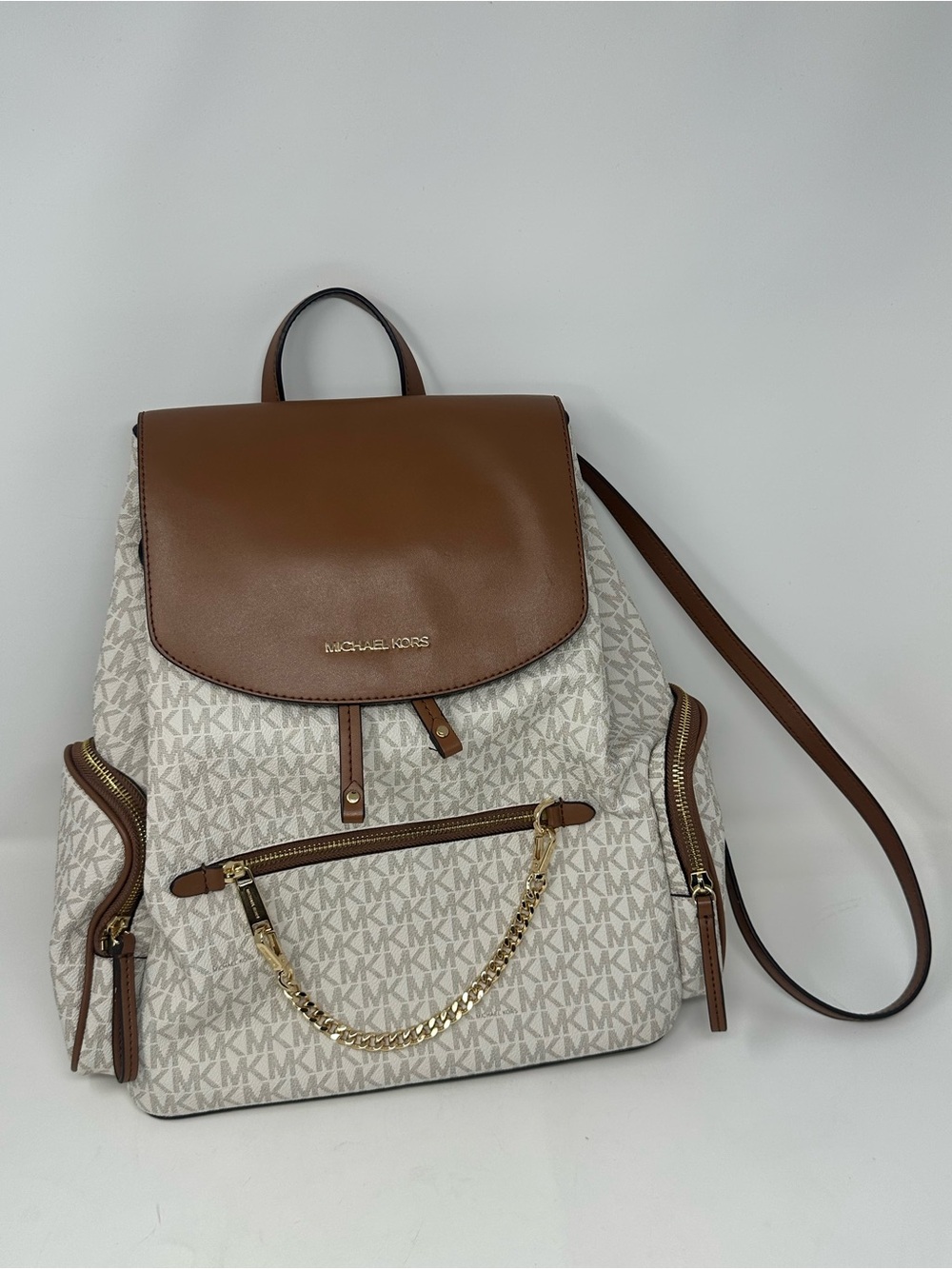 Michael Kors Cream MK Logo Backpack with Brown Leather Flap
